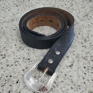 Classic Black and Silver Leather Belt with Adjustable Buckle